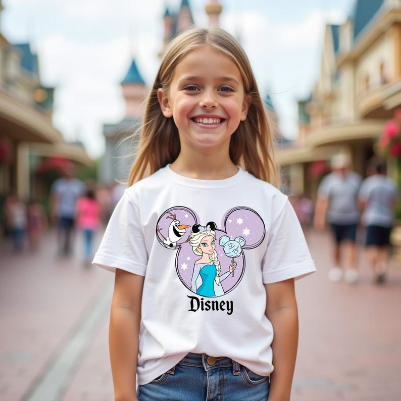 May include: A white short-sleeved t-shirt featuring a graphic of Elsa and Olaf from Frozen inside a purple Mickey Mouse ear silhouette. The design includes snowflake accents and the word Disney printed in black text below the circular graphic.