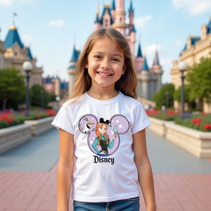 Puede incluir: Una camiseta blanca de manga corta con un gr&aacute;fico de Anna y Olaf de Frozen dentro de una silueta de orejas de Mickey Mouse de color morado. El dise&ntilde;o incluye copos de nieve y la palabra Disney impresa en negro bajo la ilustraci&oacute;n.