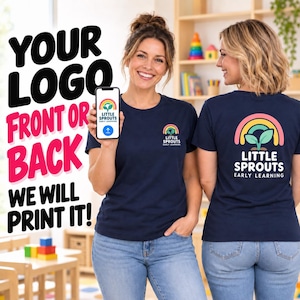 May include: A navy blue t-shirt featuring a small logo on the front left chest and a large version of the same logo on the back. The logo displays a colourful rainbow over a green sprout with the text Little Sprouts Early Learning printed below.
