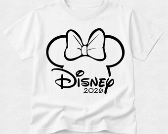 Camisetas Disney a juego para las vacaciones: Camiseta con la cara de Mickey o Minnie Mouse. Estampado personalizado. Personalización disponible. Viaje a Disneyland o Disneyworld.