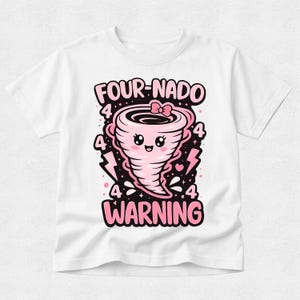 Birthday T-Shirt: Four-Nado Warning. Celebration Funny Shirt for Kids. Unisex Tees in Lots of colours. 4th Birthday Party - Pink