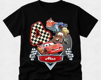 Camiseta de cumpleaños con temática de Cars: Camisetas a juego para toda la familia con el tema de Disney Cars y el equipo de boxes. Para adultos y niños. Estampado personalizado.