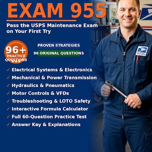 May include: A book cover with the title "POSTAL EXAM 955" in large orange letters. The cover features a smiling man in a blue uniform holding a wrench. Text includes "Pass the USPS Maintenance Exam" and a list of topics covered.
