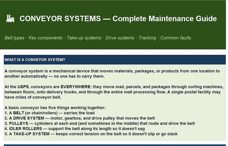 Conveyor Systems complete maintenance guide tab