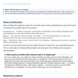 May include: A page from "The Complete Android Interview Prep Guide" detailing "Clean Architecture" with explanations of presentation, domain, and data layers. The text also discusses the benefits of using a domain layer in Android app development.