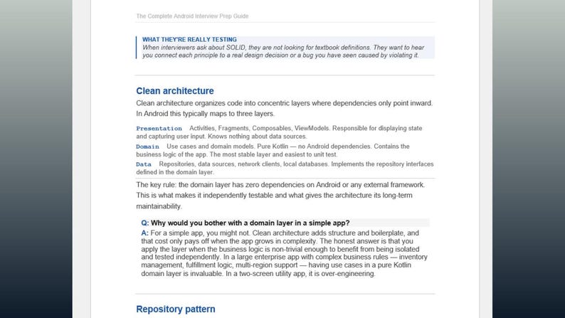 May include: A page from "The Complete Android Interview Prep Guide" detailing "Clean Architecture" with explanations of presentation, domain, and data layers. The text also discusses the benefits of using a domain layer in Android app development.