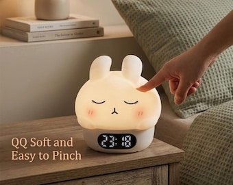 Reloj despertador con forma de conejito, luz nocturna, lámpara de conejo recargable y regulable, decoración de mesita de noche con indicador de temperatura.