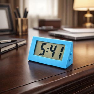 May include: A bright blue digital alarm clock with a triangular wedge shape and a rectangular LCD screen displaying the time 5:41 in bold black digits. The clock features two small circular buttons on the right side panel for time adjustment.