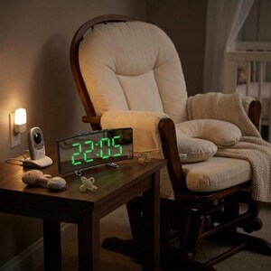 Può includere: Una sveglia digitale rettangolare con cornice nera curva e display LED verde brillante che mostra l'ora 22:05. L'orologio è posizionato su un tavolo in legno scuro accanto a un baby monitor bianco, un piccolo peluche e un ciuccio in una stanza.