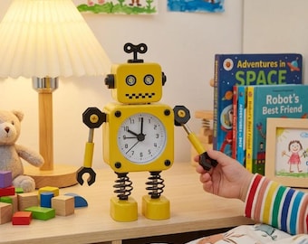 Reloj despertador robot, ojos parpadeantes, brazos giratorios, decoración de escritorio de metal