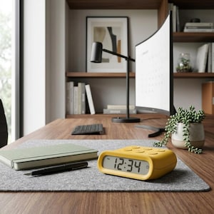 May include: A yellow digital alarm clock with a rectangular display showing 12:34 PM, positioned on a gray felt desk mat. The clock features rounded edges and top-mounted control buttons, sitting alongside a green notebook and a black pen.