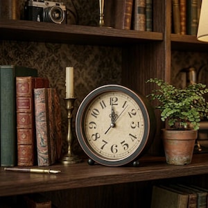 May include: A round analog table clock with a dark frame and a beige face featuring black Arabic numerals and ornate black hands. The clock sits on a wooden shelf next to a brass candlestick with a white candle and a small potted green plant.