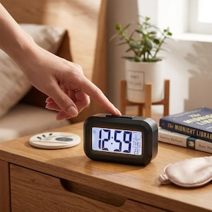 May include: A rectangular digital alarm clock with a black frame and a white backlit LCD screen displaying the time 12:59, the date 1/1, the day THU, and the temperature 23 degrees Celsius. The clock features a top button for settings.