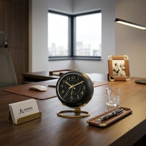 May include: A spherical black quartz desk clock with gold-toned hands and numerals, mounted on a circular gold metal stand. The clock face features the word Quartz and is positioned on a wooden desk alongside a business card holder with the text Aurora Dynamics.
