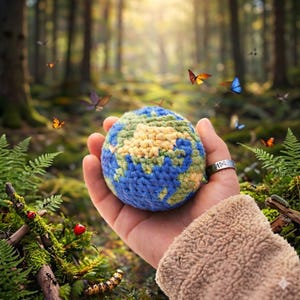 May include: A crocheted globe in shades of blue, green, and yellow, held in a hand. The globe is surrounded by a forest scene with butterflies. The image evokes themes of nature, environment, and handmade crafts.