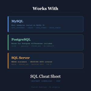 Op de afbeelding: Een donkerblauwe digitale downloadafbeelding met de titel "SQL Cheat Sheet". De afbeelding toont MySQL, PostgreSQL en SQL Server met belangrijke functies. De tekst bevat "DIRECT DOWNLOADEN" en "PDF".