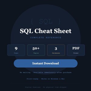 Op de afbeelding: Donkerblauwe afbeelding met de tekst "SQL Cheat Sheet" en "Complete Reference". Bevat details over 9 pagina's, 50+ onderwerpen, 3 databases en PDF-formaat. Een "Instant Download" knop is aanwezig.