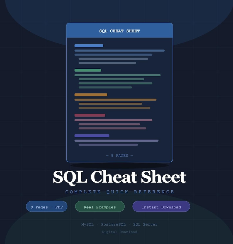 Op de afbeelding: Een digitale SQL Cheat Sheet met een donkerblauwe achtergrond. De titel "SQL Cheat Sheet" wordt prominent weergegeven. Het document bevat "9 pagina's" en "Echte voorbeelden". Het is een "Complete snelle referentie" voor MySQL, PostgreSQL en SQL Server.