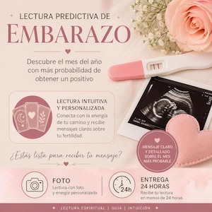 Puede incluir: Imagen promocional para un servicio de lectura de embarazo. La imagen presenta una prueba de embarazo positiva, una imagen de ultrasonido y un corazón rosa. El texto incluye "Lectura de embarazo" y "Recibe tu mensaje."
