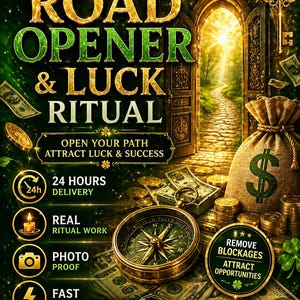 Puede incluir: Imagen promocional para un servicio espiritual, con el texto "Road Opener & Luck Ritual". El diseño incluye una llave dorada, una bolsa de dinero con un símbolo de dólar, una brújula y montones de dinero. El fondo muestra una puerta abierta que conduce a un camino.