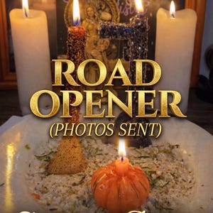 Może przedstawiać: Obraz z zapalonymi świecami i złotym napisem „ROAD OPENER”. Obraz zawiera małą świecę w kształcie dyni oraz tekst wskazujący na wizualne potwierdzenie i szybką aktywację w ciągu 24 godzin.