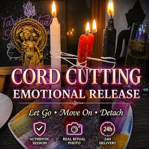 Puede incluir: Imagen con velas encendidas de varios colores, incluyendo blanco, rojo y negro, atadas con una cuerda. El texto "CORD CUTTING EMOTIONAL RELEASE" se muestra de forma destacada. Texto adicional incluye "Let Go • Move On • Detach" e iconos con texto.
