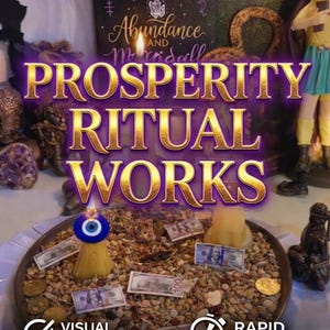 Puede incluir: Imagen que promociona "Prosperity Ritual Works" con superposición de texto. Una vela con un amuleto de ojo malvado se encuentra en una bandeja con dinero y piedras. La imagen incluye las palabras "Abundance" y "Maridall".
