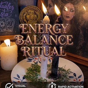 Puede incluir: Imagen de un ritual de equilibrio energético con velas encendidas, hierbas y el texto "ENERGY BALANCE RITUAL". La imagen incluye un plato con hierbas, una foto enmarcada y una pequeña pizarra con texto.