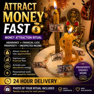 Puede incluir: Imagen que promociona un ritual de atracción de dinero. El texto "ATTRACT MONEY FAST" es prominente. La imagen presenta velas encendidas, billetes de dólar y el texto "MONEY ATTRACTION RITUAL". Texto adicional incluye "24 HOUR DELIVERY" y "PHOTO OF YOUR RITUAL INCLUDED".