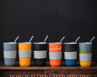 Vaso térmico de cerámica con degradado personalizado, tapa y pajita, taza de café reutilizable, taza ecológica grabada a medida.