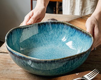 Handmade kiln-fired gradient color large capacity ceramic salad bowl, 2000ml