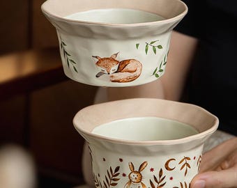 Bol de cerámica personalizado con diseño de animales del bosque, 435 ml, estilo cottagecore para el desayuno.