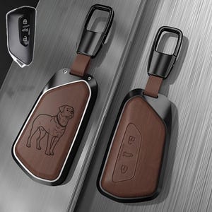 Gepersonaliseerde sleutelhouder van leer met houtnerfstructuur, geschikt voor Volkswagen Golf 8 ID.3 ID.4 ID.5 Skoda Octavia Seat Leon Cupra Formentor Ateca