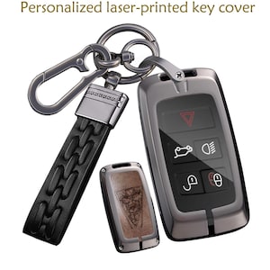 May include: A gunmetal gray key fob cover with a black leather strap and a metal carabiner. The cover features a glossy black button panel with white icons for trunk, lights, and locks. A separate piece shows a laser-printed geometric design.