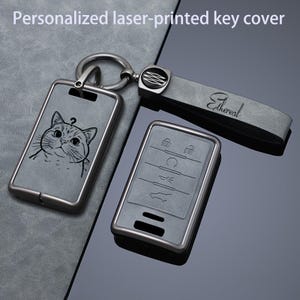 Può includere: Un set di coprichiavi personalizzato stampato al laser composto da una custodia rettangolare grigia con l'illustrazione di un gatto e un punto interrogativo, una cover abbinata con icone dei pulsanti e un cinturino grigio con la scritta Ethereal.