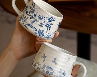 Personalisierte blaue Blumen-Vogel-Keramik-Kaffeetasse, 375ml