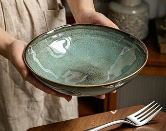 Hand-fired kiln Rustic Green Ceramic Salad Bowl, 900ml