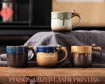 Rustic Drip Glaze Ceramic Mug with Rope Handle, Personalized Artisan Coffee Cup