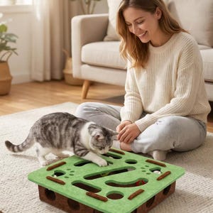 May include: A square cat puzzle toy featuring a light green felt top with various cut-out shapes and brown felt accents, sitting on a dark brown wooden base with circular openings on the sides, designed for interactive play and mental stimulation.