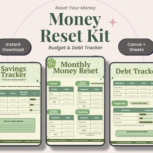 Könnte beinhalten: Digitales Geld-Reset-Kit mit Spar-Tracker, monatlichem Geld-Reset und Schulden-Tracker. Das Kit enthält einen Budget- und Schulden-Tracker. Das Design ist in Grün- und Weißtönen gehalten und trägt den Text "Reset Your Money" und "Money Reset Kit".