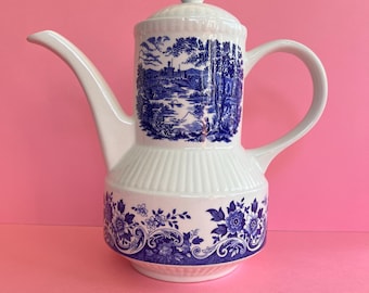 Vintage Blue White Teapot Staffordshire Broadhurst – Ceramic Coffee Pot – Cottagecore Kitchen Decor