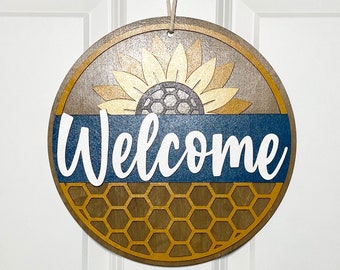 Sunflower Welcome Hanging Sign, Wood Sign, Door Sign, Wall Art, Wall Decor, Wall Hanging