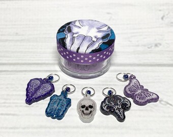 Floral Skeletons A Round Screw Top Fabric Covered Notions Container and Stitch Marker Set