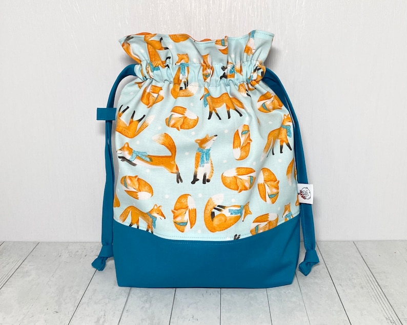 Winter Foxes Drawstring Project Bag, Knitting Project Bag, Crochet Project Bag image 1