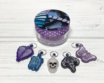 Floral Skeletons B Round Screw Top Fabric Covered Notions Container and Stitch Marker Set