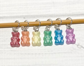 Pastel Rainbow Pearl Gummy Bears Knitting Stitch Marker 6 Piece Set, Crochet Stitch Marker 6 Piece Set