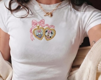 Embroidered Minnie Daisy Baby Tee, Coquette Disney Shirt, Disney Besties Shirt, Minnie Mouse Daisy Duck Crop Top, Disneyland Girls Trip