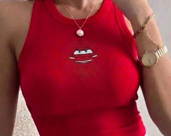 Embroidered Lightning McQueen Tank Top, Disney Pixar Cars Ribbed Tank, Retro McQueen Shirt, Cars Vacation Crop Top, Racing Fan Tank