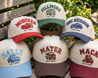 Bonnet brodé Cars Disney, casquette personnages Pixar Cars, casquette Lightning McQueen Mater Sally Doc Guido Fillmore, cadeau Cars Land Trip