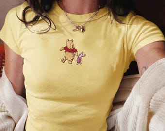 くまのプーさん刺繍入りベビーTシャツ、プーさん刺繍入りベビーTシャツ、プーさんとピグレットのクロップトップ、かわいいディズニー風ベビーTシャツ、ディズニー旅行シャツ